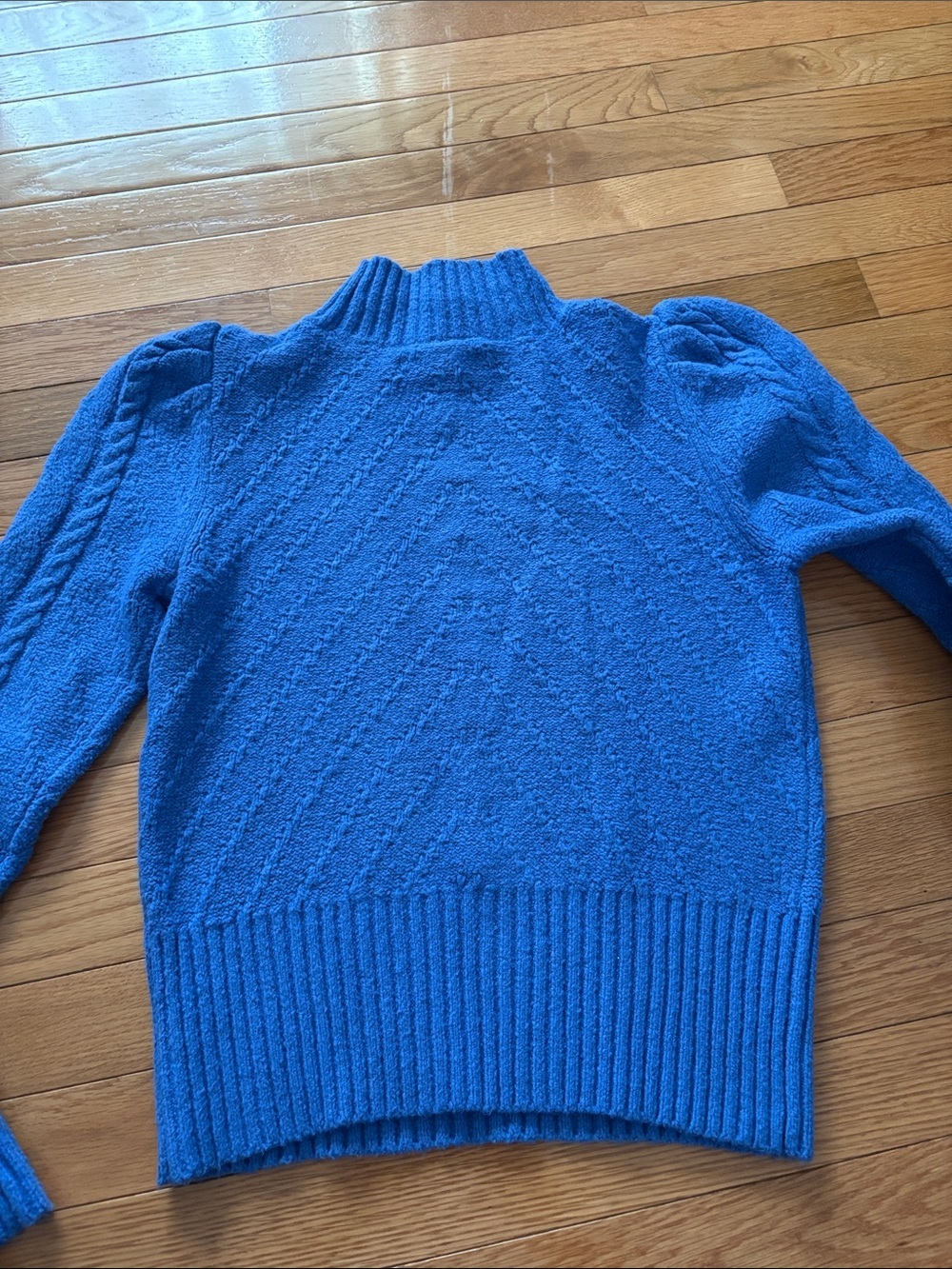 LOFT Bright Blue Cable-Knit Puff Shoulder Mock Neck Sweater - Picture 9 of 9